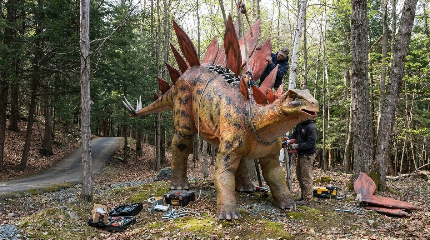 仿真剑龙背板安装-玻璃纤维复合材料-仿真恐龙制作工艺