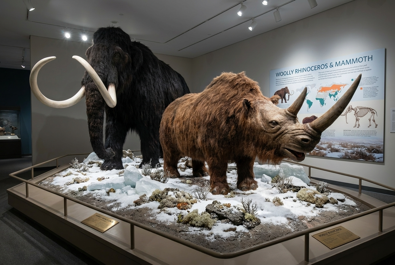 仿真披毛犀与猛犸象组合陈列-冰河时代主题展区-自贡仿真动物厂家
